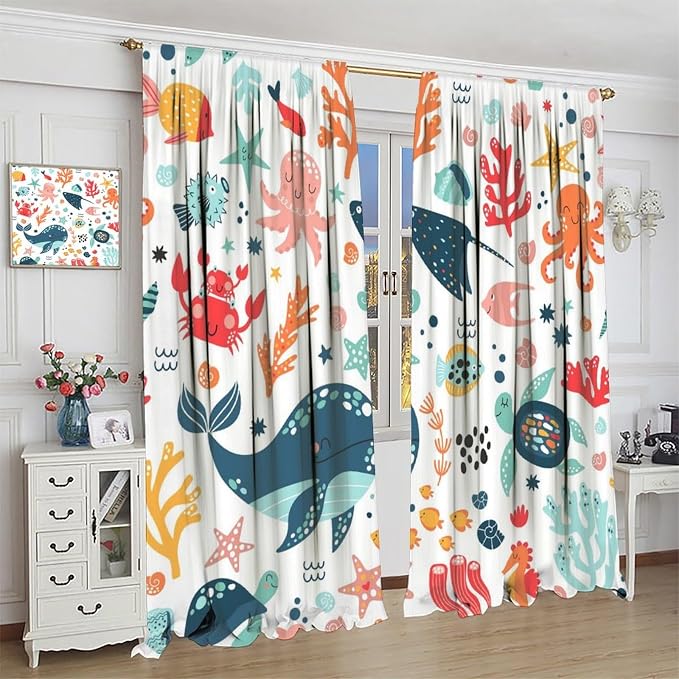 YCness Kids Cute Whale Curtains Funny Cartoon Ocean Animal Octopus Coral Art Printed Blackout Window Drapes for Boys Girls Bedroom Nursery Decor Fabric Set 2 Panel 84x84 Inch 80% Shading Rate