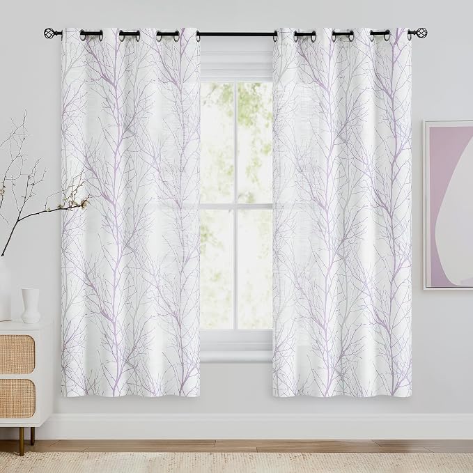 FMFUNCTEX Linen Semi Sheer Curtains for Bedroom, Lilac White Curtains 63 Inches Long for Living Room, Grey Tree Branch Patterned Curtain Light Filtering Farmhouse Window Drapes, Grommet Top 2 Panels