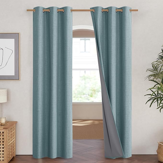 NICETOWN 100% Absolutely Blackout Linen Curtains with Thermal Insulated Liner, Skylark Blue, 42" Wide, 90" Length Energy Saving Curtains for Living Room 2 Panels Set, Vertical Blinds