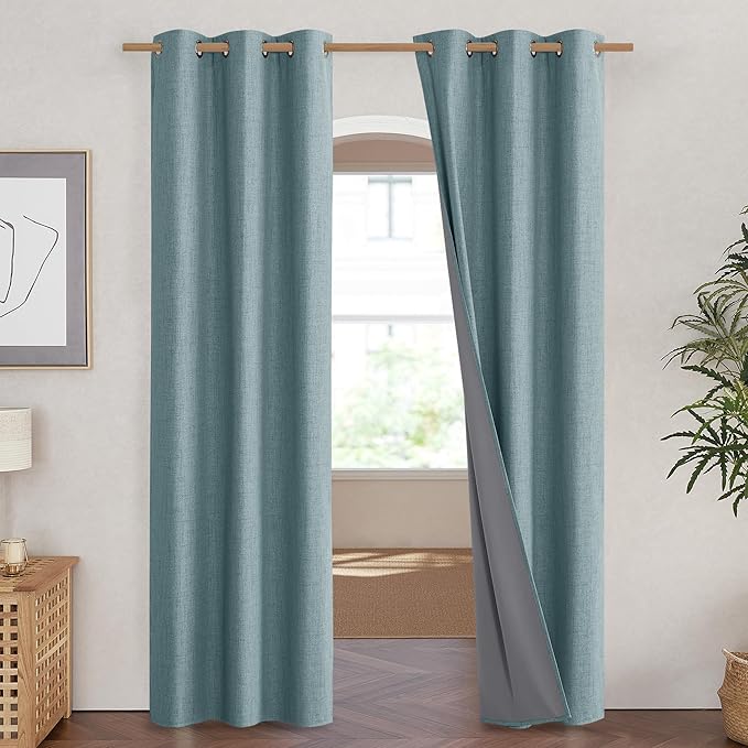 NICETOWN 100% Absolutely Blackout Linen Curtains with Thermal Insulated White Liner, Skylark Blue, 42 inches Wide, 84 inches Length Energy Saving Curtains for Living Room 2 Panels Set, Vertical Blinds