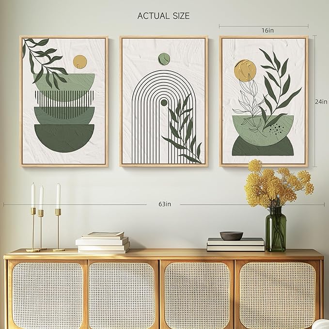 Framed Sage Green Boho Wall Art Bedroom, 3 Piece Bohemian Botanical Paintings Prints Canvas Artwork for Walls, Large Mid Century Modern Boho Pictures for Living Room Home Office Wall Decor, 16x24 In
