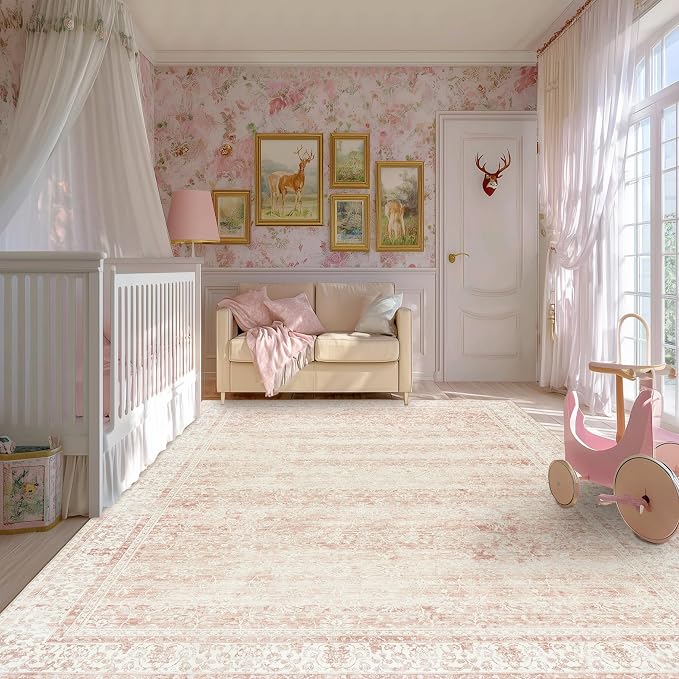BILEEHOME Pink Washable 9x12 Area Rugs for Living Room Big Girls Bedroom Blush Pink Low Pile Soft Non Slip Neutral Boho Floral Extra Large Area Rug for Nursery Playroom Dining Room,9 by 12