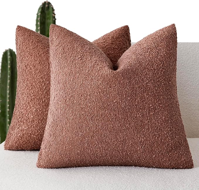 Foindtower Set of 2, Decorative Textured Boucle Throw Pillow Covers Accent Solid Pillow Cases Neutral Cozy Couch Cushion Case for Chair Sofa Bedroom Living Room Home Decor 24x24 Inch Orange Rust Red