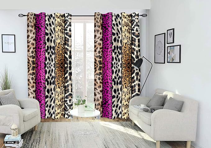 Wild Animal Print Curtain, Room Darkening Thermal Insulated Blackout Leopard Boa Window Drapes with Grommets for Living, Dining, Bedroom, Hot Pink Leopard Print, 52"x 63", 2 Panels