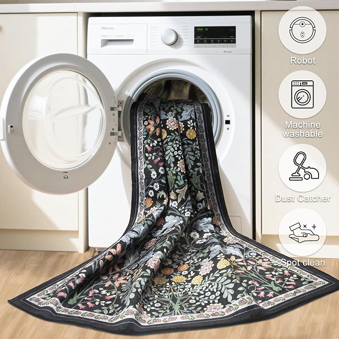 Runner Rug for Entryway: 3x10 Kitchen Rugs Non Slip Washable Ultra-Thin Soft Floral Carpet Indoor Floor Stain Resistant Carpets for Hallway Bedroom Kitchen Laundry Bathroom Dorm Dark Black