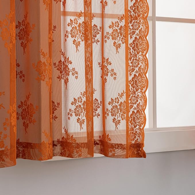 Kotile Burnt Orange Sheer Curtains 36 Inch Length 2 Panels, Country Rustic Floral Short Fall Curtains for Kitchen Window, Rod Pocket Privacy Sheer Lace Curtain Short, 42 x 36 Inch Each, Burnt Orange