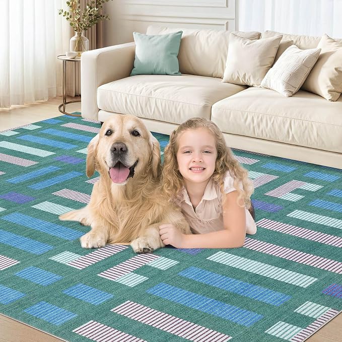 cotiled 6x9 Area Rugs Living Room Rug: Washable Boho Rugs with Non Slip Backing Large Soft Indoor Stain Resistant Carpet for Bedroom Farmhouse Dining Room Lightweight Home Decor Green