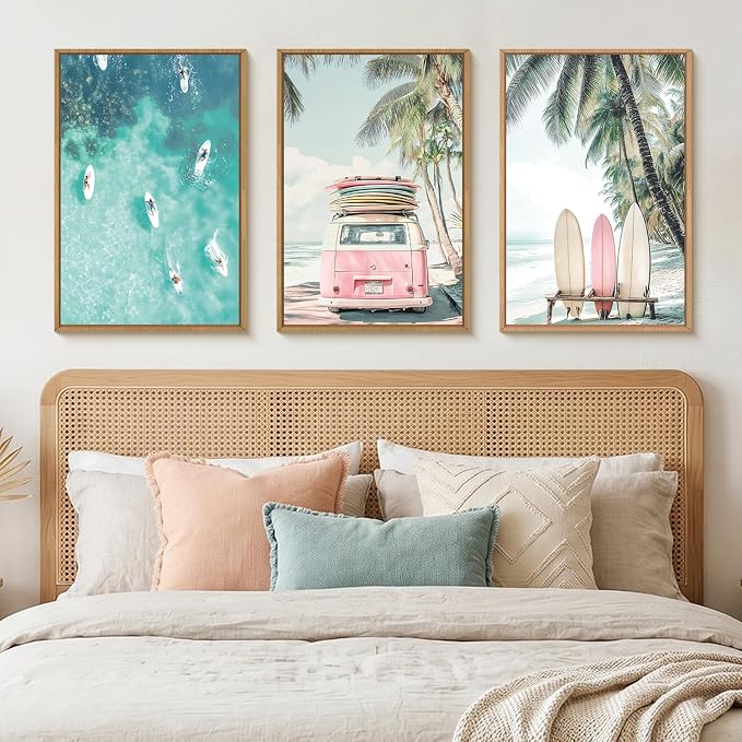 HOURIA Summer Surfboard Beach Framed Canvas Wall Art Set,Modern Ocean Surfing Seascape Wall Decor,Coastal Bus Coconut Tree Wall Painting,Nature Botanical Art Prints for Living Room, Bedroom-16 x24 x3