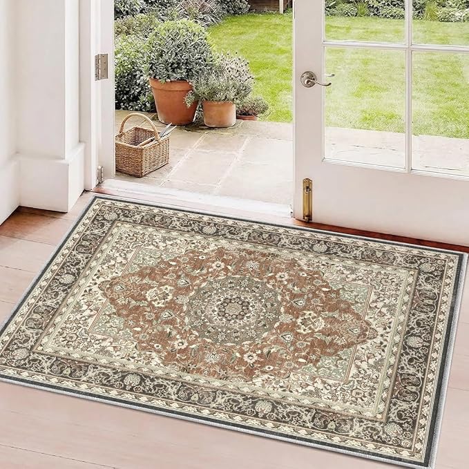 2x3 Rug for Entryway Hallway-Vintage Farmhouse Boho Floral Neutral Washable Stain Resistant Indoor Rugs for Home Decor(Brick&Brown)