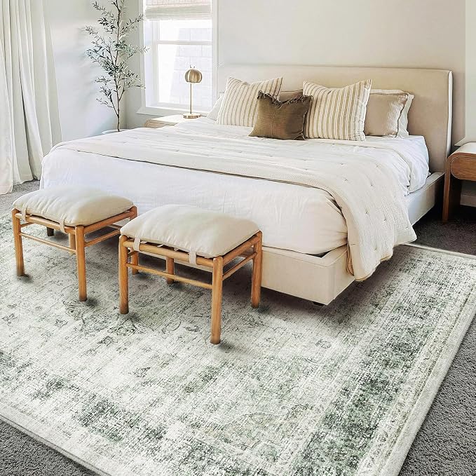 CHAMPLANT Washable Area Rug 10'x14' Floral Green Boho Design Non-Shedding Easy Care Ideal for High Traffic Areas in Living Room Bedroom Office Coffee Table Kitchen Large Carpet