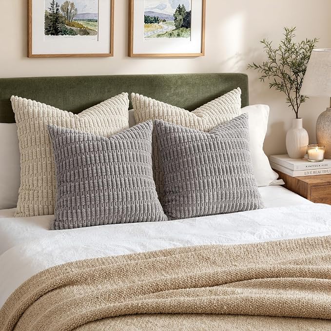 MIULEE Pack of 2 Corduroy Decorative Euro Sham Throw Pillow Covers 26x26 Inch Soft Boho Striped Pillow Covers Modern Farmhouse Home Decor for Sofa Living Room Couch Bed Light Grey