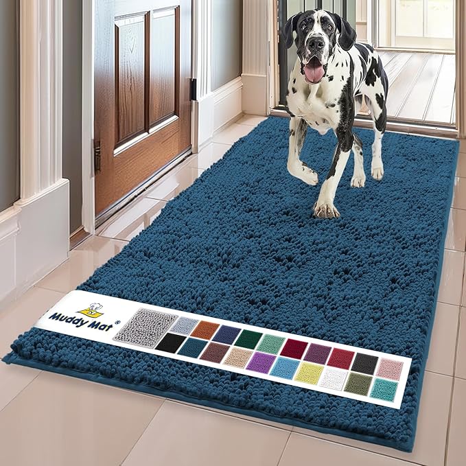 Muddy Mat® | Super Water Absorbent Door Mat Indoor, Microfiber Quick Dry Chenille Entryway Rug,Slip Resistant Front Door Mat,Indoor Mats for Entryway,Machine Washable Pet Rug, Atlantic Blue 24"x96"