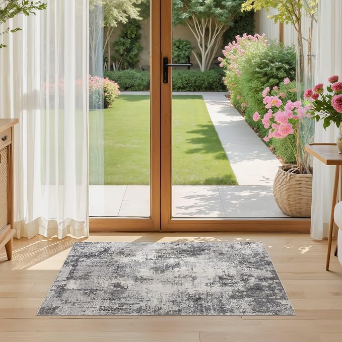 Washable Rug 2x3 Area Rugs for Entryway: Modern Abstract Neutral Soft Indoor Carpet for Front Door Kitchen Bathroom Bedroom Laundryroom - Grey