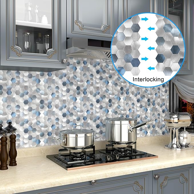 BeNice Peel and Stick Backsplash Hexagon for Kitchen 3D Adhesive Metal Wall Tile Stickers 10pcs Blue