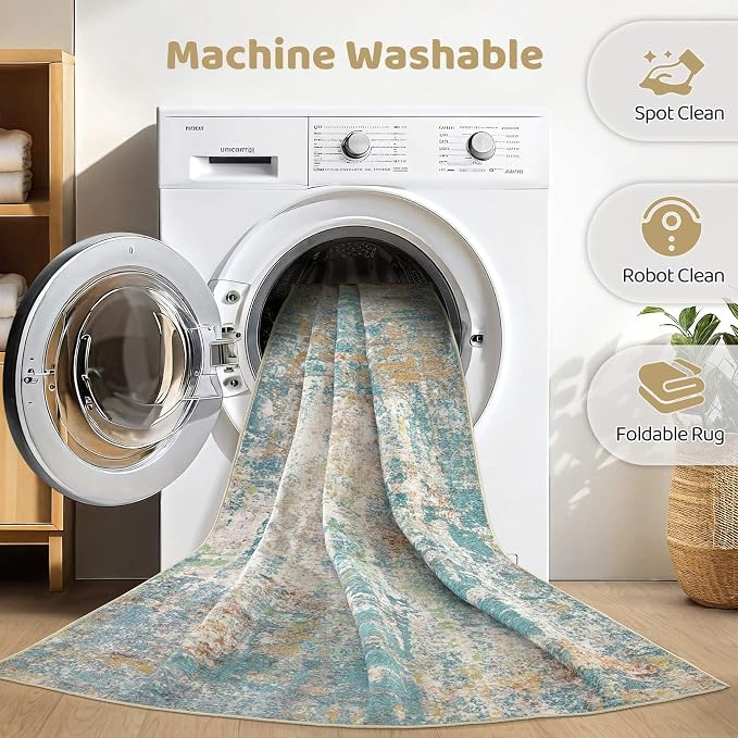 5x7 Area Rugs Living Room: Washable Large Abstract Neutral Modern Soft Rugs Stain Resistant Indoor Floor Non-Slip Accent Carpet for Bedroom Nursery Playroom Office Dining Room Home Decor- Teal