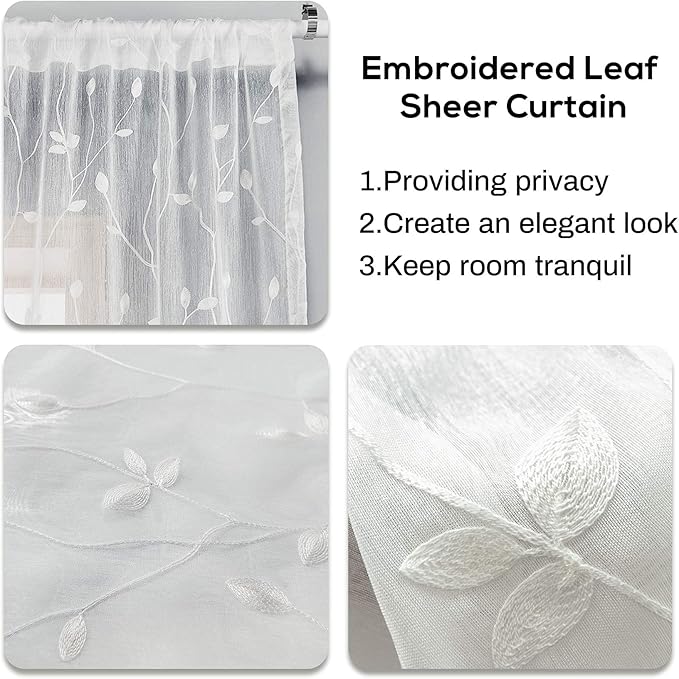 AmHoo 2 Panels Embroidered Leaf Pattern Semi Sheer Curtains Foliage Floral Voile Window Draperies Treatment for Bedroom Living Room Rod Pocket White 53 x 95 Inch