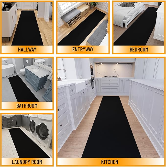 Ottomanson Aisle Runner Rug – Non-Slip Low Pile Carpet Runner for Long Hallways & Corridors, Stain Resistant & Easy to Clean, Solid Black, 2'7" x 30'