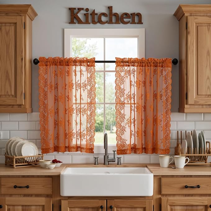 Kotile Burnt Orange Sheer Curtains 45 Inch Length for Kitchen Window, Country Rustic Floral Rust Sheer Lace Curtains, Rod Pocket Privacy Short Lace Curtain, 52 x 45 Inch, 2 Panels, Burnt Orange