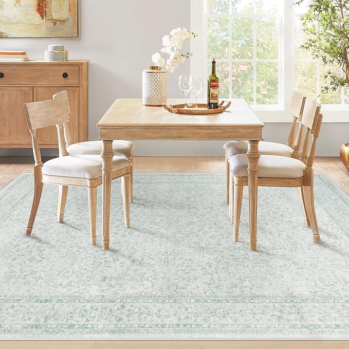6x9 Area Rugs for Living Room: Washable Vintage Floral Rug Low Pile Non-Slip Boho Carpet for Nursery Bedroom Dining Room (Green, 6'x9')