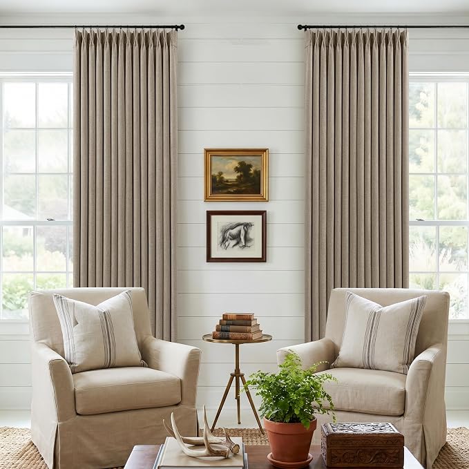 Blackout Pinch Pleat 100 Inch Curtains 2 Panels Set for Living Room Bedroom Farmhouse Farmhouse Pinch Pleated Back Tab Thermal Insulated 100% Black Out Window Curtain 100 Inch Length Taupe Deep Flax