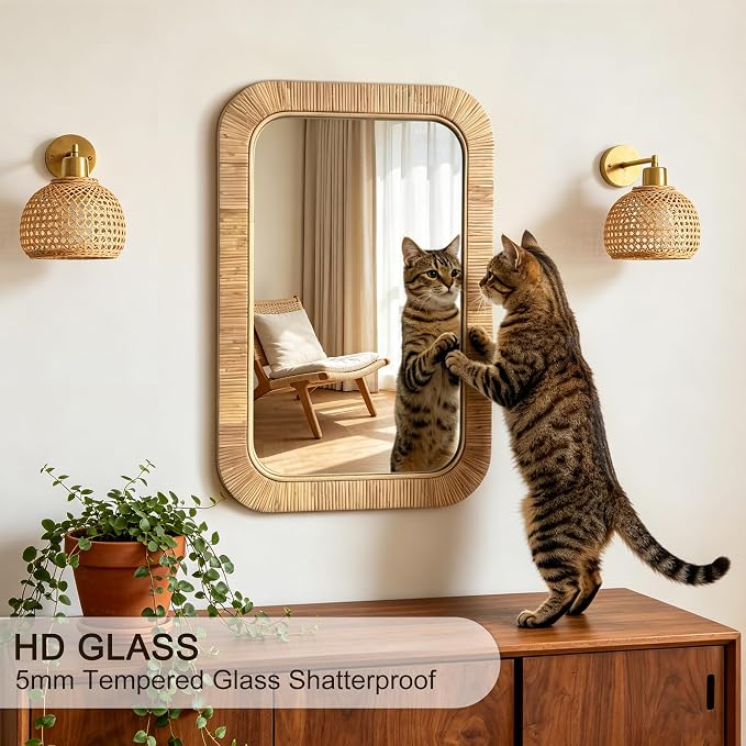 Decorative Rattan Wall Mirror, Boho Bathroom Modern Makeup, Rustic Wall Bohemia Mirrors for Bedroom, Living Room, Vanity Versatile Farmhouse, Nursery, Bathroom (Rectangular 30“x20”, X Small)
