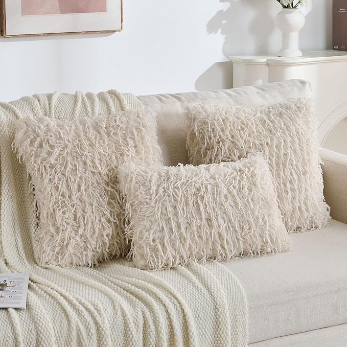 FUTEI Pack of 2 Faux Feather Plush Throw Pillow Covers 12x20 Inch Soft Fluffy Solid Farmhouse Decorative Lumbar Pillowcases Modern Luxury Accent for Couch Bed Living Room, Beige