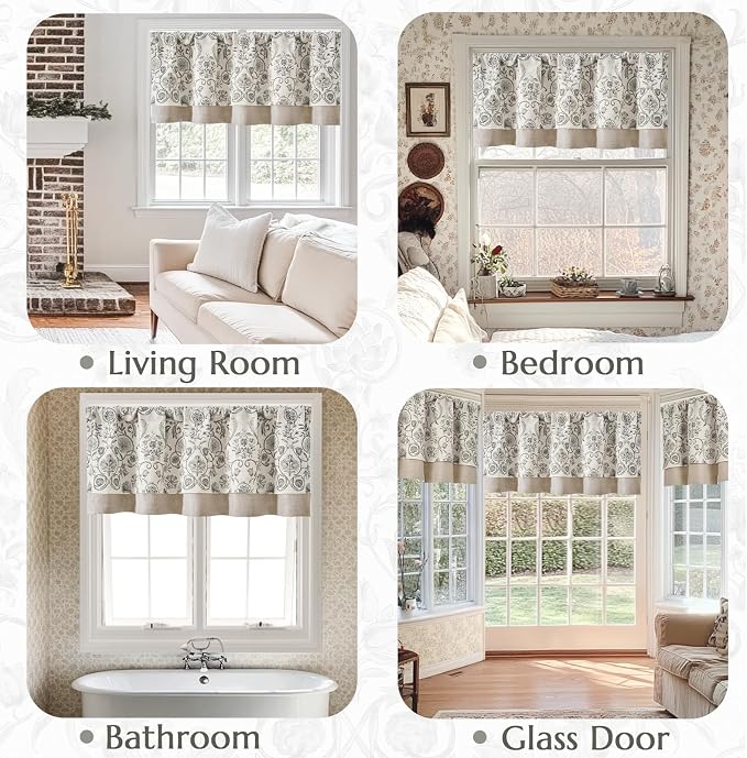 jinchan Linen Valance Kitchen Curtain for Windows Double Layer 18 Inch for Living Room Bedroom Window Treatment Light Filtering Vintage Rustic Farmhouse Cottagecore Rod Pocket 1 Panel Grey on Beige
