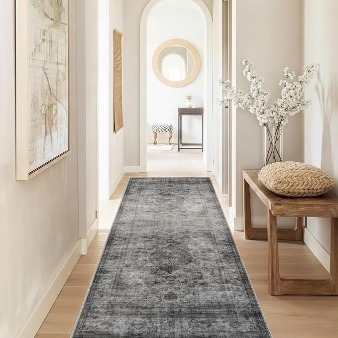 2x6 Runner Rug for Entryway Hallway-Vintage Farmhouse Boho Floral Neutral Washable Stain Resistant Indoor Rugs for Home Decor(Ashen Black)
