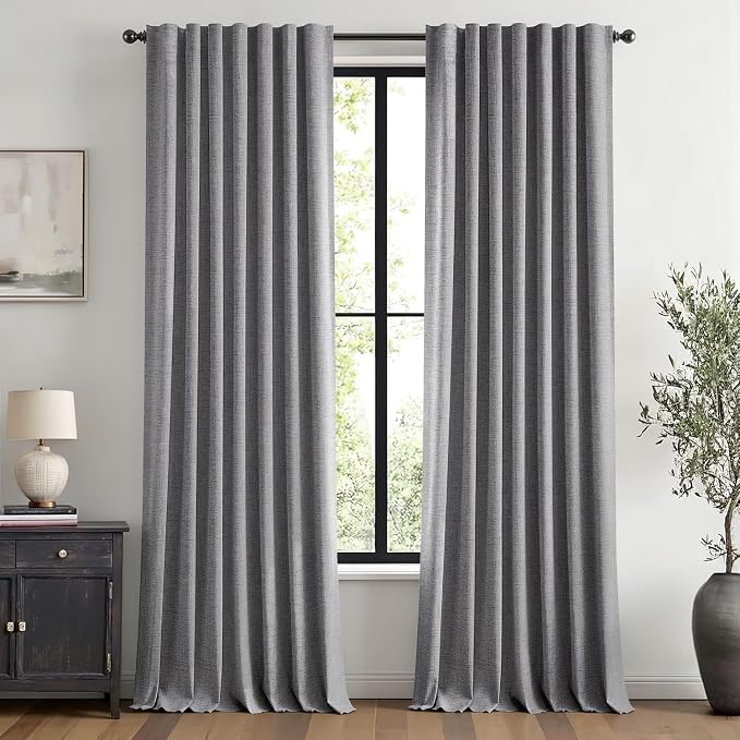 MIULEE 100% Blackout Linen Curtains for Bedroom, Glacier Gray Solid Luxury Decor Thermal Insulation Room Darkening Drapes for Living Room Back Tab Rod Pocket 42 x 96 Inches, 2 Panels