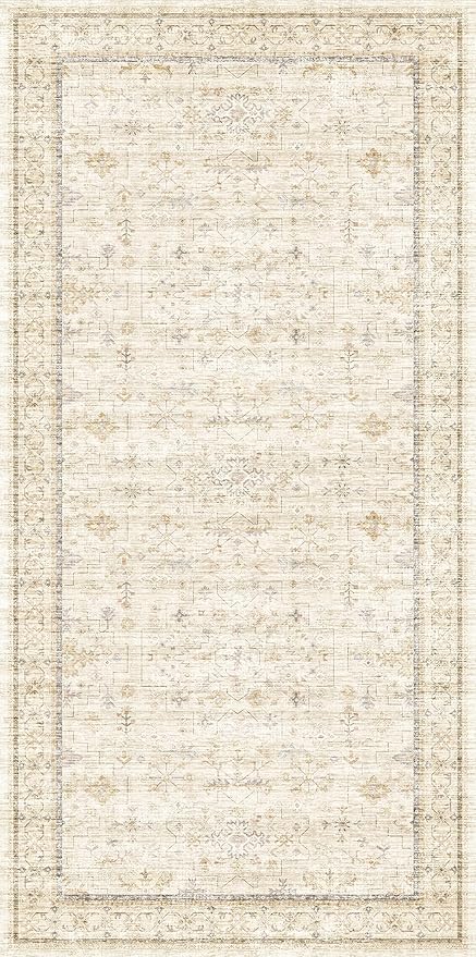 3x6 Long Runner Rugs for Hallways Non Slip, Machine Washable Rug Runner for Kitchen Floor, Entryway, Soft Low Pile Neutral Sand Beige Décor, Geometric Floral Pattern Stain Resistant Carpet