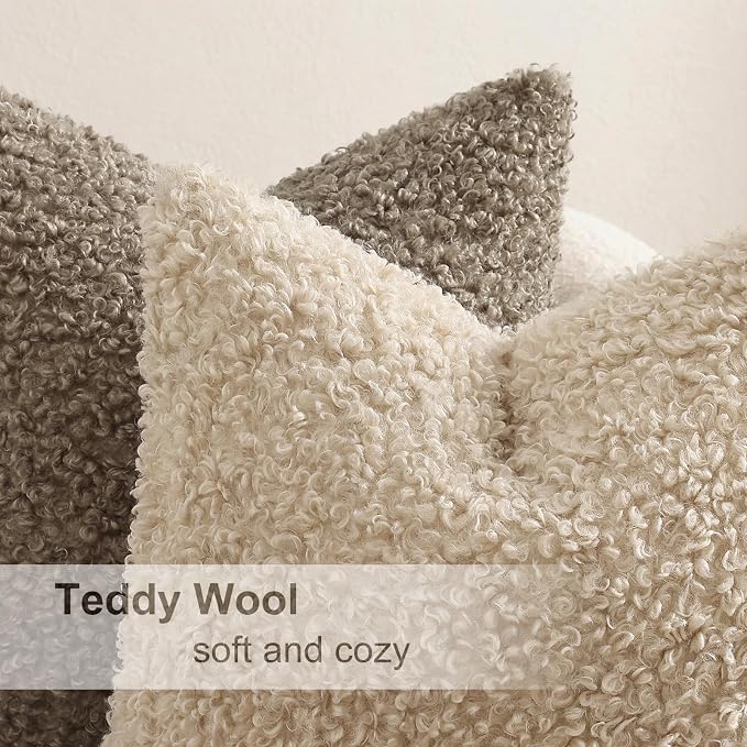 decorUhome Pack of 2 Throw Pillow Covers 26x26 Inch, Faux Fur Decorative Sherpa Pillow Covers Fuzzy Accent Soft Sheepskin Fleece Pillow Cases for Couch Living Room Bed, Neutral Oatmeal