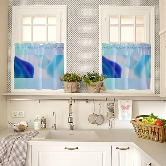 Kitchen Tier Curtains 36 inches Long, Blue White Ombre Teal Turquoise Gradient Window Curtains for Living Room Bath Cafe,Rod Pocket Light Filtering Drapes Short Half Window Treatment Tiers 2 Panels