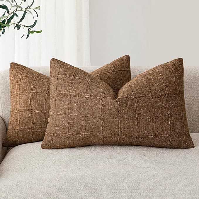 Foindtower Set of 2 Decorative Linen Check Throw Pillow Covers Neutral Farmhouse Lumbar Cushion Covers Modern Boho Home Decor for Sofa Chair Couch Bedroom Living Room,12×20 Inch,Brown Hazel