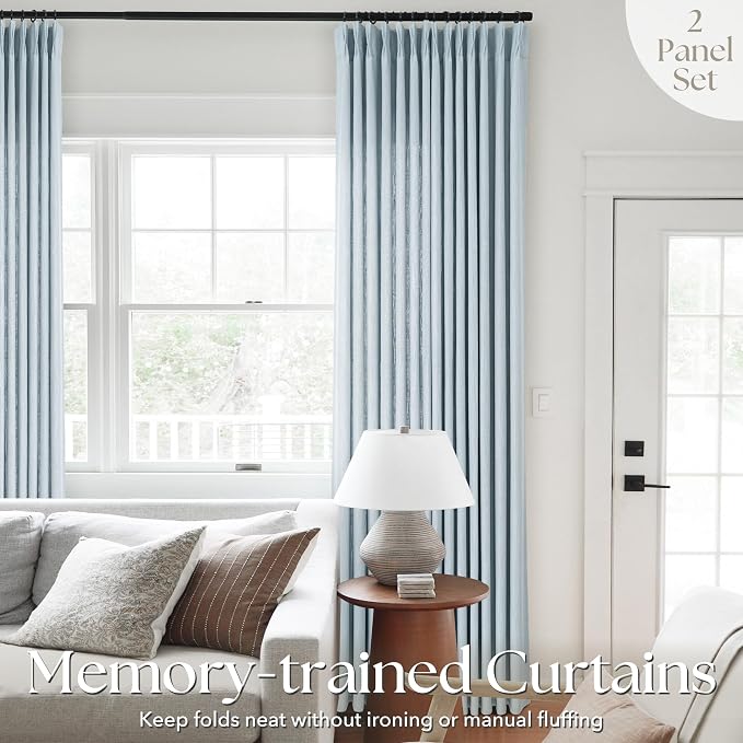 Light Blue Pinch Pleated Linen Curtains 120 inches Long with Clips and Hooks for Boys Bedroom Elegant Neutral Farmhouse Dusty Blue Semi Sheer Pleat Drapes Living Room 40"x120" 2 Panels Grey Blue