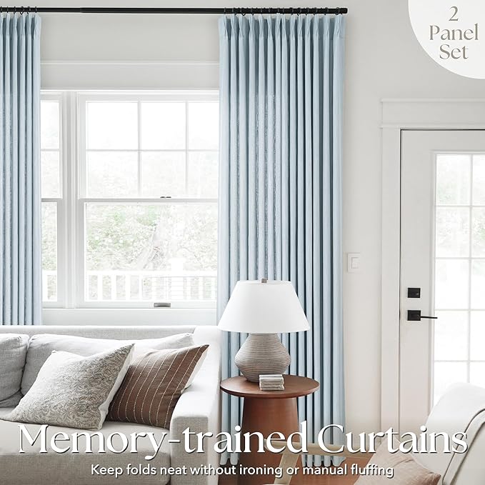 Light Blue Pinch Pleated Linen Curtains 108 inches Long with Clips and Hooks for Boys Bedroom Elegant Neutral Farmhouse Dusty Blue Semi Sheer Pleat Drapes Living Room 40"x108" 2 Panels Grey Blue