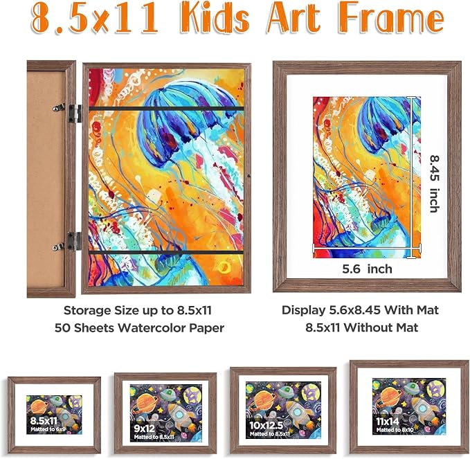 KINLINK 8.5x11 Kids Art Frame 2 Pack, Solid Wood Artwork Frames Changeable, Front Opening Hold 150 Pictures, Art Frames for Kids Artwork, 6x9 with Mat 8.5x11 without Mat, Picture Frames Brown Wood