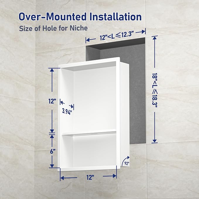 Stainless Steel Shower Niche 18" X 12" White with 2-Tiers Shelf No Tile Needed Niche Shower for Bathroom Storage Recessed Wall Niches Over Mount Installation