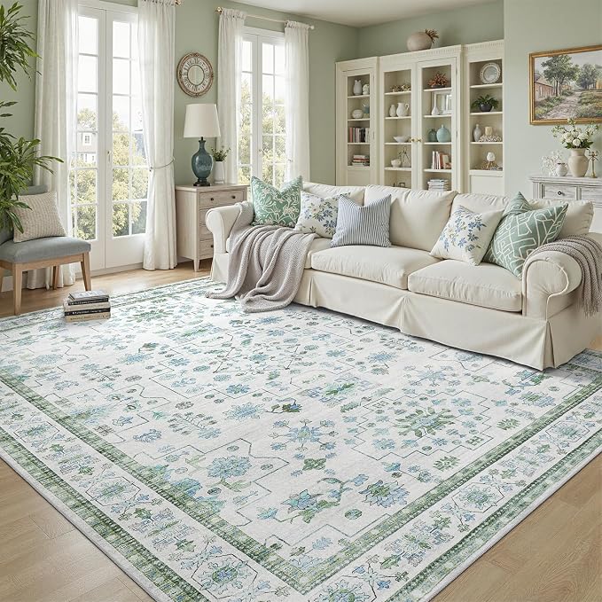 DCX Green 5x7 Rug, Kid & Pet Friendly with Rubber Back Non Slip, Machine Washable Stain Resistant Vintage Boho Floral Rug for Living Room, Bedroom, Soft Low Pile Large Nursery Carpet