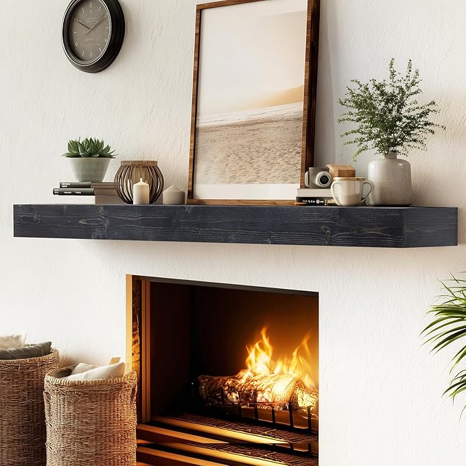 56x8x3 Fireplace Mantel - Handcrafted Hollow Rustic Solid Wood Wall Mounted Floating Shelf with Invisible Heavy Duty Wood Bracket (Weathered Black)