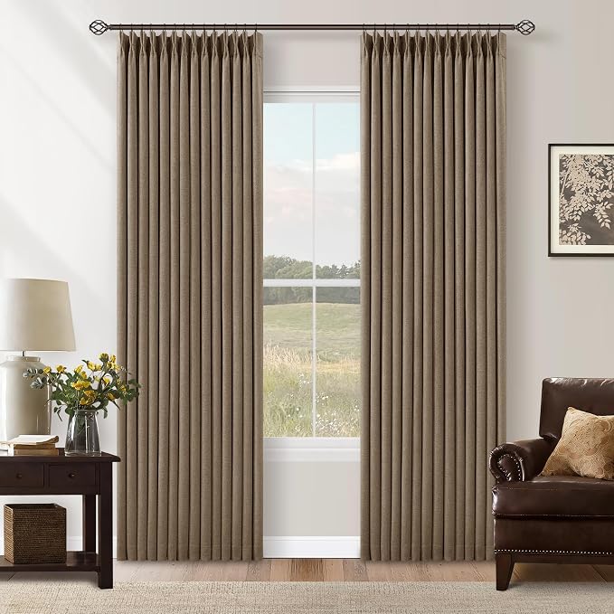 80 Inch Pinch Pleated Linen Blackout Curtains 2 Panels Set for Living Room 100% Black Out Window Curtains 80 Inches Long Pinch Pleat Dual Layer Drapes Drapes for Bedroom Office Dining Room Latte