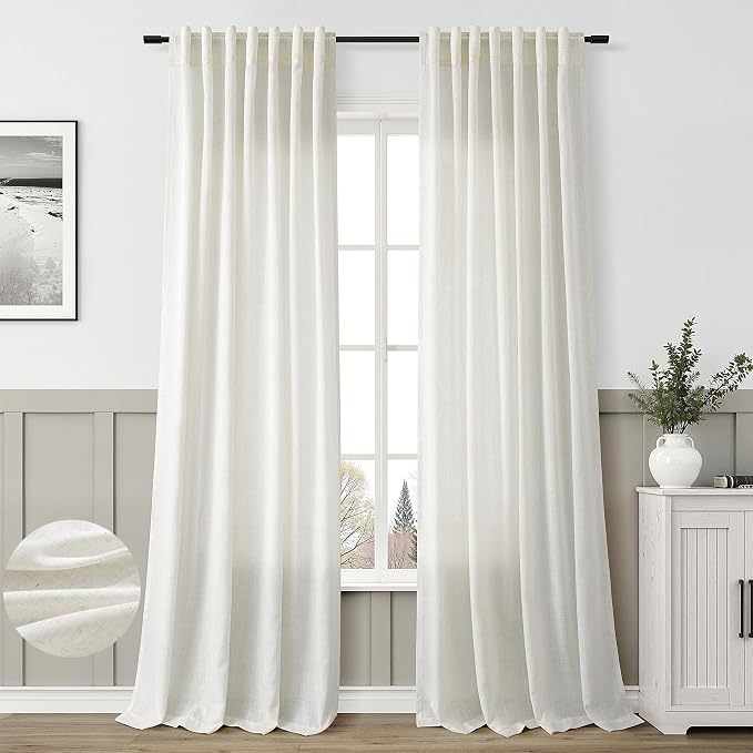 Aersas Cream Linen Curtains 86 Inches Long for Living Room Natural Linen Curtain Back Tab Rod Pocket Semi Sheer Privacy Rustic Boho Farmhouse Neutral Ivory Drapes Bedroom Office 52x86, 2 Panels