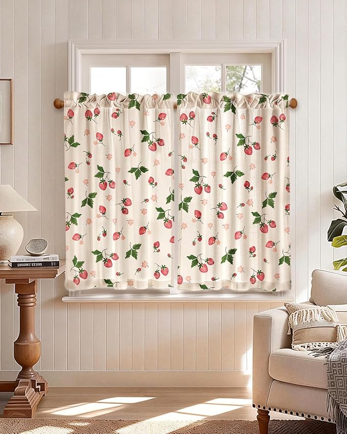 Miss Adola Farmhouse Kitchen Tier Curtains - 36 Inch Length Linen Blend Country Cafe Curtains Strawberry Small Window Treatments Over Sink Rod Pocket for Bathroom Living Room Light Filtering, 2 Panels