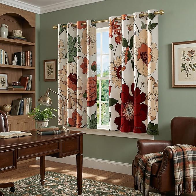 jinchan Lora Floral Curtains for Bedroom Blackout Drapes for Living Room Darkening Fabric Vintage Beige Boho Flower Pattern Fall Decor Window Curtains 63 Inches Length 2 Panels with Grommet