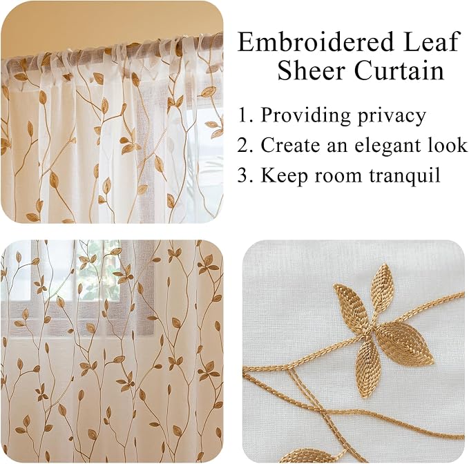 AmHoo 2 Panels Embroidered Leaf Pattern Semi Sheer Curtains Foliage Floral Voile Window Draperies Treatment for Bedroom Living Room Rod Pocket White Taupe 53 x 84 Inch