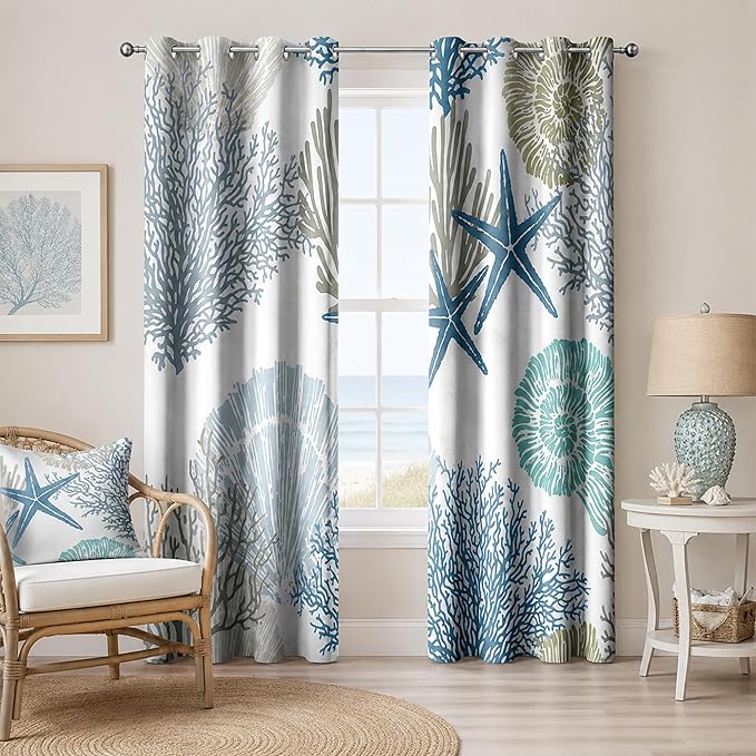 Blue Teal Coastal Window Curtains, Beach Nautical Starfish Coral Window Drapes Blackout Treatment Darkening Thermal Insulated Grommet for Living Room Bedroom Decor 2 Panels 52x84 Inches