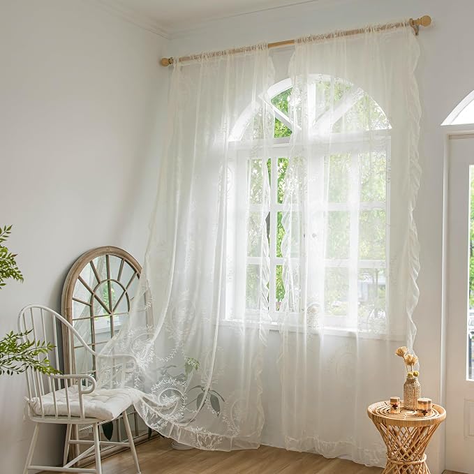 Sutuo Home Ivory Lace Curtains 96 Inches Long 2 Set, Sheer Panels Rose Floral Embroidery Vintage Voile Window Treatment Pair for Bedroom Living Room, Retro Christmas Decor Rod Pocket, W57 x L96