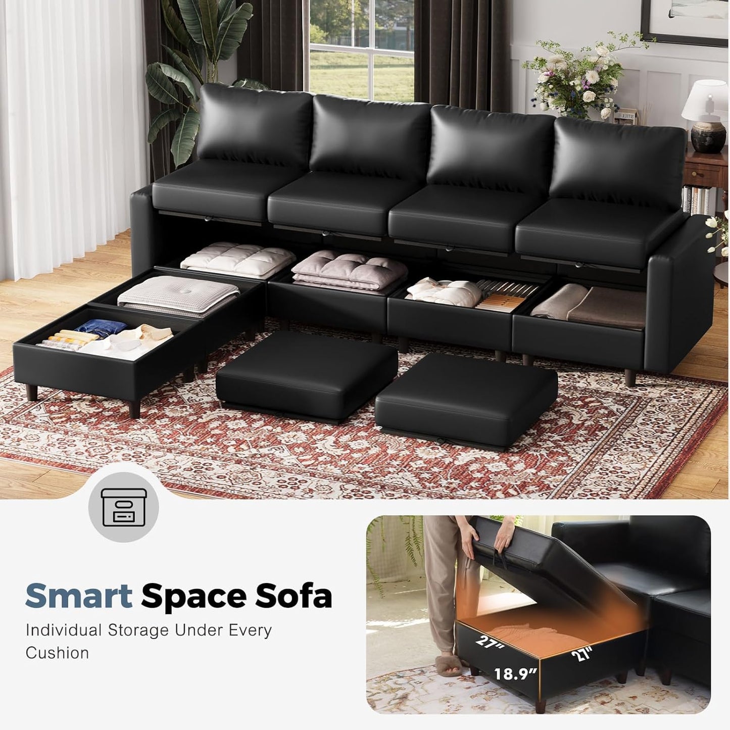 118.5" Faux Leather Modular Sectional Sofa with Storage Seat, Oversized 4 Seater Couch Deep Seat with Removable Cover Black