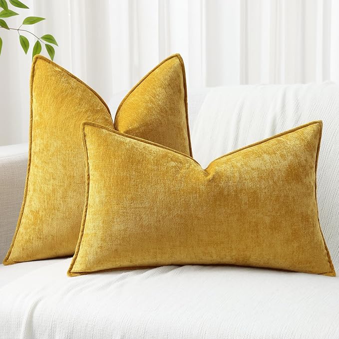 decorUhome Fall Couch Euro Sham Throw Pillow Covers 22x22 Set of 2, Decorative Soft Velvet Modern Cozy Chenille Pillow Cases with Elegant Design for Sofa Bed Living Room Home Decor, Mineral Yellow