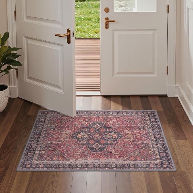 GENIMO Area Rug 2x3 Doormat, Machine Washable Low Pile Rugs, Small Retro Entryway Mat for Entrance, Hallway, Kitchen and Corridor,Vintage Scarlet