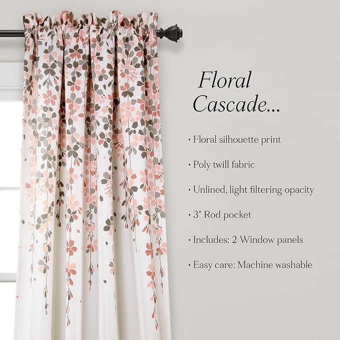 Lush Decor Weeping Flower Light Filtering Window Curtain Panels, Pair, 52"W x 84"L + 2" Header, Blush & Gray - Charming Modern Floral Curtains for Living Room, Dining Room, & Bedroom